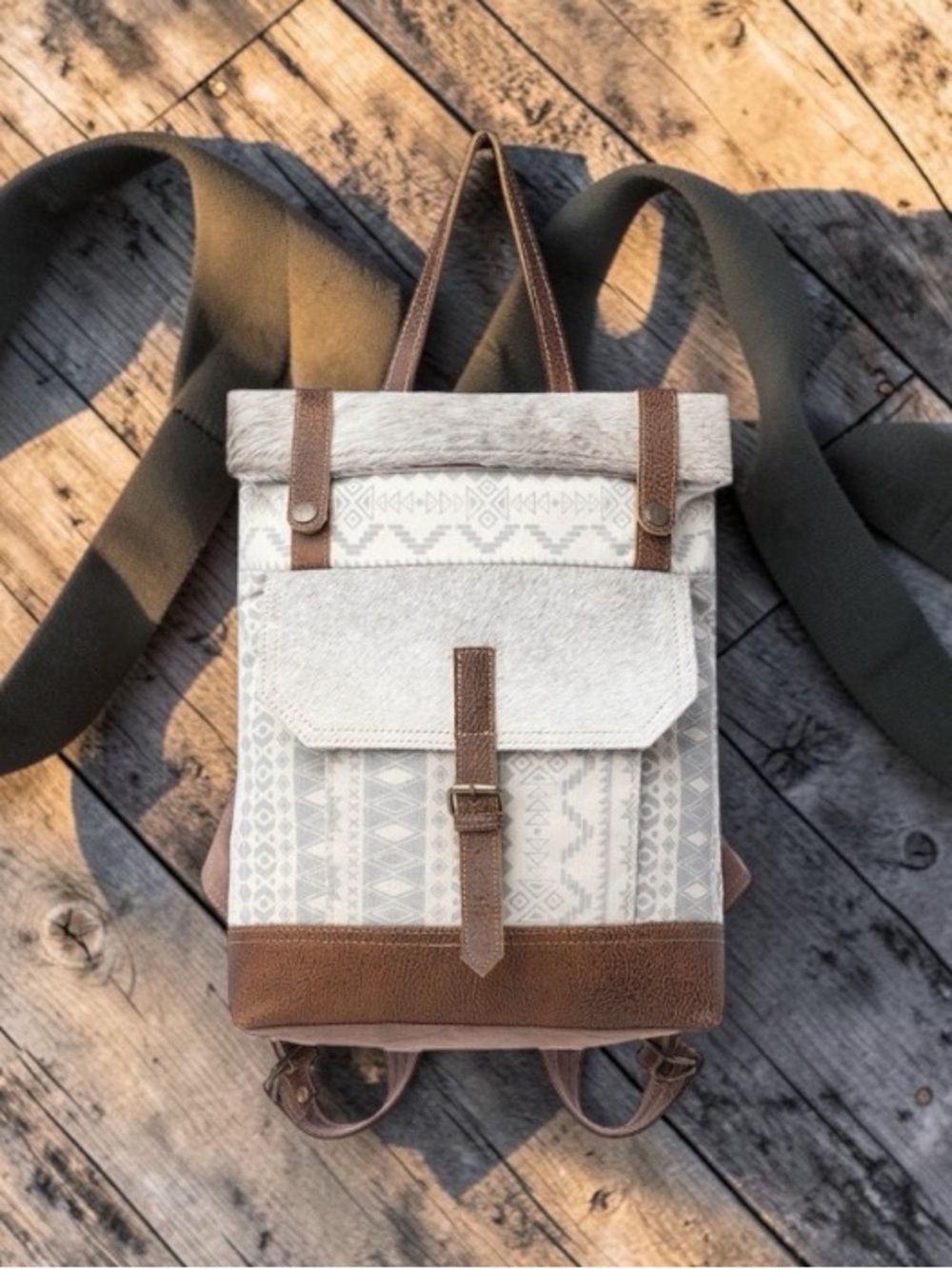 Classy Backpack Bag Myra Bag Canvas & Leather Roll-Top  - Cream and Brown